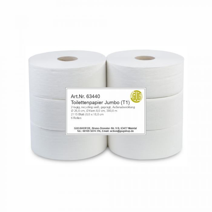 Großrolle Toilettenpapier weiss T1 Recycling, 2-lagig  2115 Blatt 6 Stück